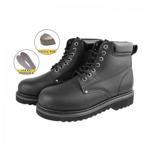 Black Goodyear Welt Grain Leather Shoes with Steel Toe and Midsole