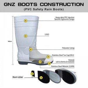 সাদা রাসায়নিক পিভিসি বুট স্টিল টো রাবার জুতা নন স্লিপ